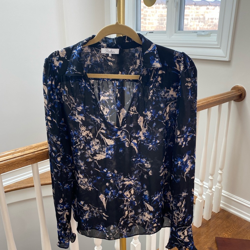 Parker Midnight Blue Floral
 100% Silk Blouse